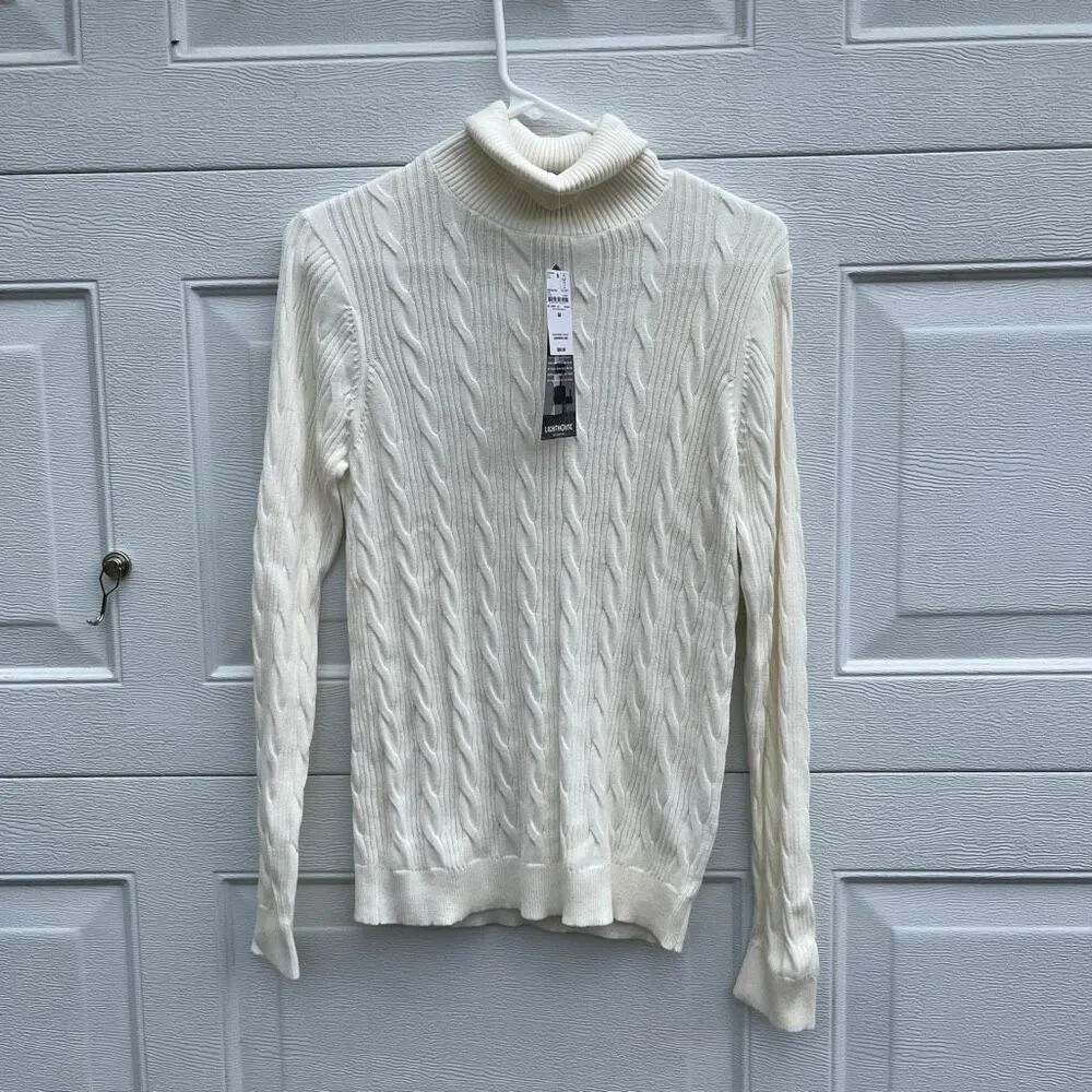 Lands’ End Lighthouse Ivory Cotton Cable Knit Turtleneck Sweater NWT M
